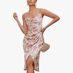 Floerns Women's Floral Print Cowl Neck Ruched Sleeveless Satin Slit Party Dress